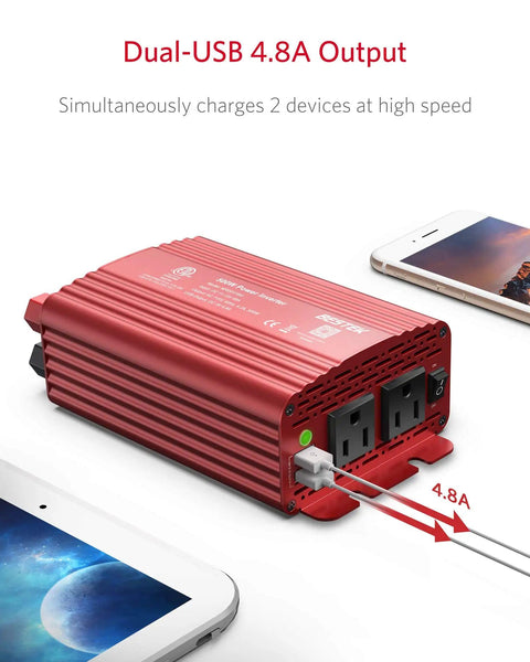 Red Power Inverter 500W DC 12V To 110V AC with Dual USB Car Charger, 2 AC Outlets, and phones showcasing charging capability.