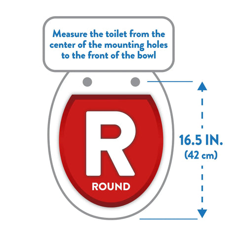 Diagram showing measurements for Round Wood Toilet Seat With Easy Off Hinges, Wiggle Free Design, and Antimicrobial Protection