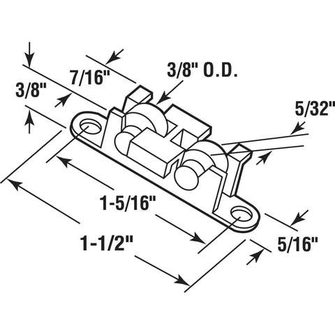 Top Tier Sliding Window Tandem Roller Assembly With 3/8 Inch Flat Brass Wheels And White Nylon Mounts For No Fuss Horizontal Slider Upgrades Two Piece Bundle dimensions diagram with measurements.