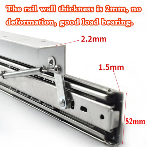 Badass Heavy Duty Steel Drawer Slides With Smooth As Butter Soft Close Glide For Extendable Desk Cabinet Hardware Rust Proof Cold Rolled Steel Easy Install Knockout Furniture Upgrade showing a close-up of the 2mm thick steel rail and soft close mechanism.