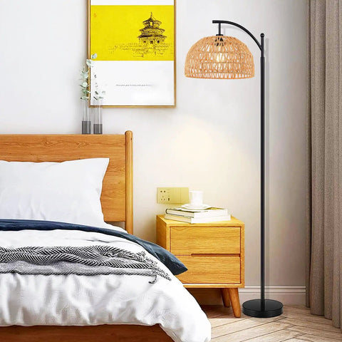 Rattan Floor Lamp With Remote For Living Room And Bedroom Boho Chic Dimmable Standing Lamp With Wicker Handcrafted Bamboo Shade Black Industrial Modern Tall Lamp For Farmhouse Rustic Style