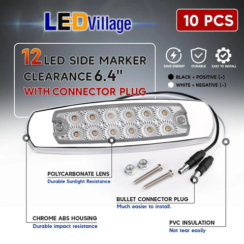 10 Pack Amber LED Side Marker Lights With Clear Lenses 2 Wire Plug 12V DC Waterproof Fender Lamps for Trailer Truck RV
