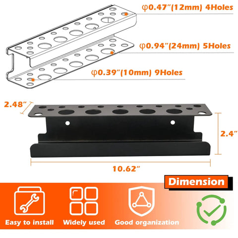 Dimensions diagram of Magnetic Screwdriver Holder Rack And Heavy Duty Tool Organizer for mounting in garage, workbench or pegboard.