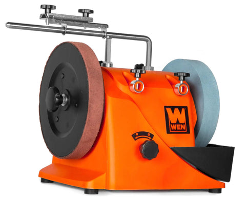 8 Inch Water Cooled Wet And Dry Sharpening System With 220 Grit Stone And Leather Strop Wheel, Adjustable Reservoir, 120 RPM For Precision Sharpening