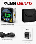 Heavy Duty Digital Angle Finder With Dual Laser And Strong Magnet, includes angle gauge, carrying case, USB-C cable, and manual.
