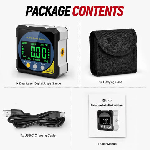 Heavy Duty Digital Angle Finder With Dual Laser And Strong Magnet, includes angle gauge, carrying case, USB-C cable, and manual.