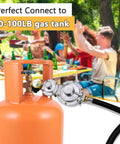 Front view of Azdele two-stage propane regulator with gauge on orange tank, 5ft hose, POL connection, 3/8in female flare