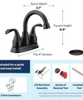 Top Shelf Matte Black Two Handle Centerset Bathroom Sink Faucet With Premium Drain Assembly For Quick Four Inch Setup, angled view.