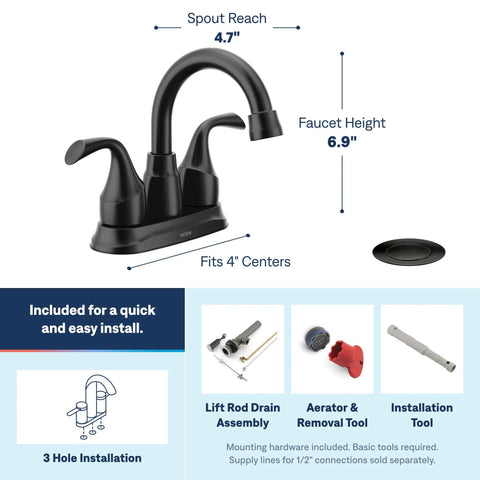 Top Shelf Matte Black Two Handle Centerset Bathroom Sink Faucet With Premium Drain Assembly For Quick Four Inch Setup, angled view.