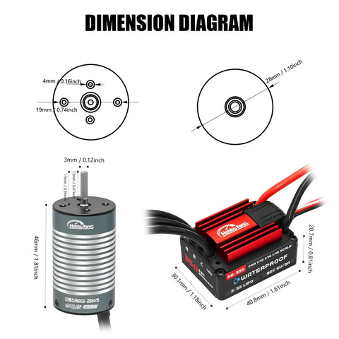 Dimension diagram of Brushless 2845 4500KV Beast Motor and 35A Waterproof ESC for 1/14 1/16 RC Car with measurements.