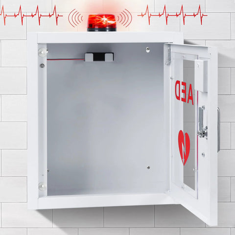 Front view of white wall-mounted AED cabinet with alarm light and red AED label