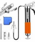 Lnchett grease gun kit with quick-release coupler and 18-inch hose, includes 2 extension rods, a nozzle, and blue cloth