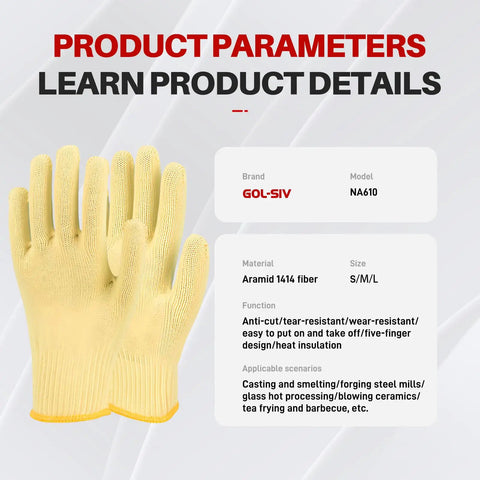 Aramid Cut Resistant Gloves With Heat Protection Up To 550F, thick knit, yellow, for grilling, oven handling, barbecue.