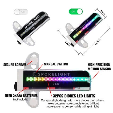 Diagram showing Next Level Ultra Bright Night Riding Wheel Lights For Bicycles Two Pack With 32 LED Patterns Waterproof, dimensions labeled.