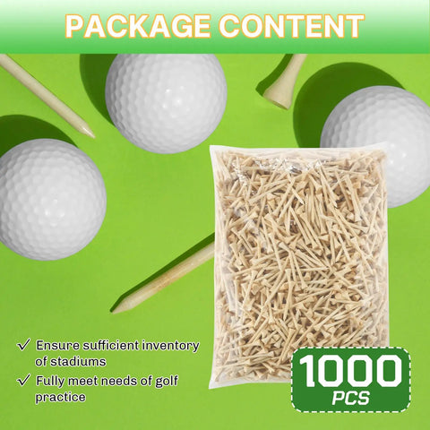 1000 Count Bamboo Golf Tees Two And Three Quarters Inch Long Beefy 7X Stronger Than Wood, pack on green surface with golf balls
