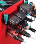 Heavy Duty Magnetic Tool Rack With Four Slots For Garage And Workshop Storage Magnetic Mount Shelves For Power Tools Like Drills And Saws Anti Slip Holding Pro Grade Organizer Or Wall Mount For Metal Surfaces Ideal For Home Or Shop, shown with drills and screwdrivers mounted