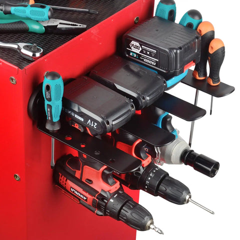 Heavy Duty Magnetic Tool Rack With Four Slots For Garage And Workshop Storage Magnetic Mount Shelves For Power Tools Like Drills And Saws Anti Slip Holding Pro Grade Organizer Or Wall Mount For Metal Surfaces Ideal For Home Or Shop, shown with drills and screwdrivers mounted