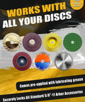 Two Pack 5/8-11 Angle Grinder Flange Nuts self locking knurled arbor nuts for fixing discs showing compatibility with all discs