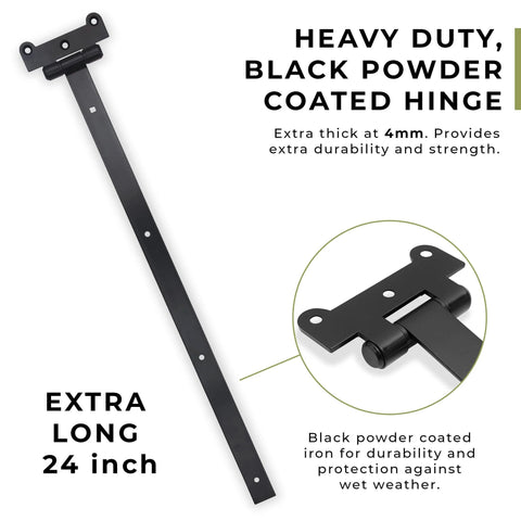24 Inch Black T Strap Gate Hinges Set - Heavy Duty 2 Pack With 14 Mounting Screws, 4mm Thick Iron, Black Powder Coating
