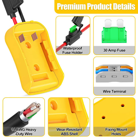 DeWalt 20V Battery Adapter with beefy 14 gauge wire, fuse protection, and ABS shell for DCB200 DCB203 DCB206 LiIon packs.