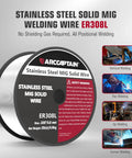 Pro Grade 0.030 Inch ER308L Stainless MIG Wire 2 Pound Spool display with welding applications