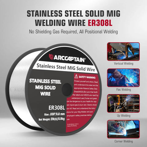Pro Grade 0.030 Inch ER308L Stainless MIG Wire 2 Pound Spool display with welding applications