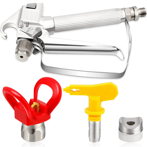 Straight Up Solid Airless Paint Spray Gun Replacement Parts Kit featuring stainless steel gun and red yellow tips for 3600 PSI jobs.