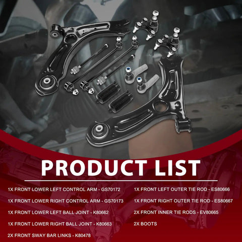Solid Front Lower Control Arm Kit With Ball Joints And Sway Bar Links Plus Tie Rods Fits VW Jetta 2011 To 2018 top view