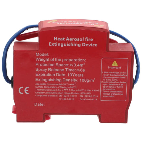 Hella Smooth Automatic Fire Extinguisher Aerosol Spray Sticker With Rock Solid Back Adhesive For Vehicle Engine Bay and Home Garage Safety Boss Level Heat Resistant Flame Retardant Protection 10g Capacity, red device with specifications.