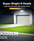 Hella Bright 80 Watt 9000 Lumens 4 Head Outdoor Security Flood Light With Hardwired Motion Sensor illuminating a garage at night.