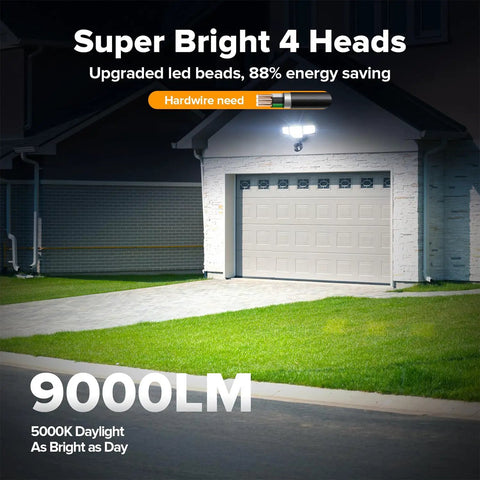Hella Bright 80 Watt 9000 Lumens 4 Head Outdoor Security Flood Light With Hardwired Motion Sensor illuminating a garage at night.