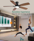 Low Profile 52 Inch Brown Ceiling Fan with Lights Remote and App Control DC Motor Quiet Flush Mount in modern living room