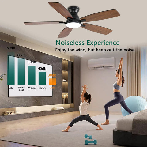 Low Profile 52 Inch Brown Ceiling Fan with Lights Remote and App Control DC Motor Quiet Flush Mount in modern living room