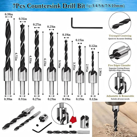 7Pcs Countersink Drill Bit Set showing HSS bits in various sizes, designed for accurate drilling and wood projects.