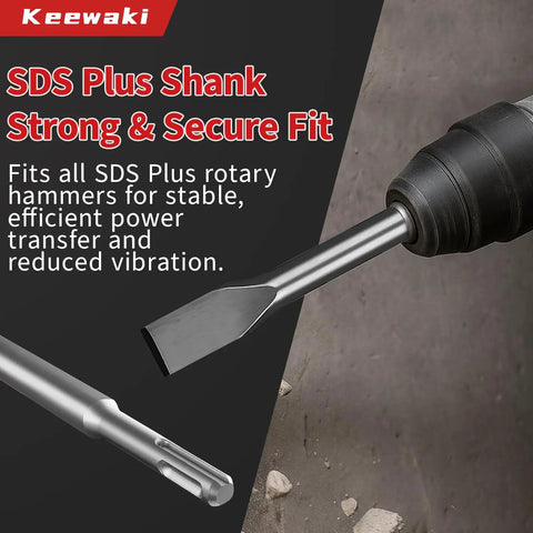 Close-up of SDS Plus chisel in rotary hammer, showcasing secure fit; part of 7 Piece SDS Plus Chisel Set With Case For Concrete Tile And Masonry