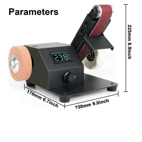 Heavy Duty Handheld Electric Belt Sander Powerhouse For Woodworking And Fine Finishing with detailed dimensions on display.