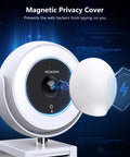 NexiGo N970P 4K Webcam With Onboard Storage, AI Auto Framing, Sony Sensor, shown with magnetic privacy cover on blue digital background.