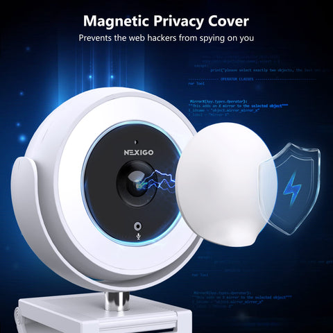 NexiGo N970P 4K Webcam With Onboard Storage, AI Auto Framing, Sony Sensor, shown with magnetic privacy cover on blue digital background.