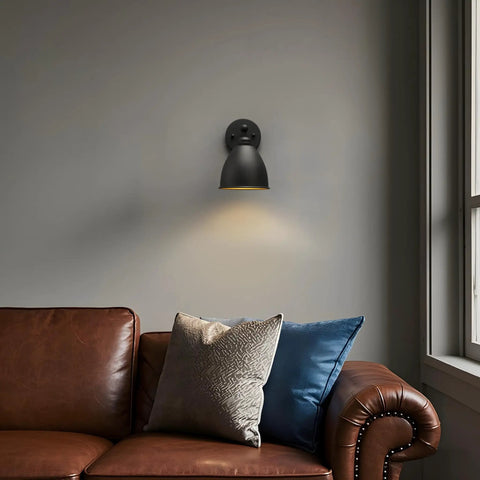 Industrial Hardwire Wall Sconce With Old School Farmhouse Vibe Right Angled Rustic Metal Lampshade above couch, Black Finish