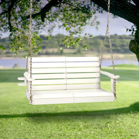 Heavy Duty 1600 LB HDPE Porch Swing For Two With Rotatable Cup Holder 4 FT Outdoor Bench Swing Adjustable Chains Two Person Hanging Porch Chair For Patio Yard Tree Garden White