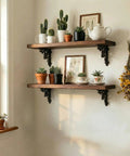 Built Like A Tank 4 Pack Solid Cast Iron Shelf Brackets 4x4 Inch supporting vintage floating shelves with plants and decor
