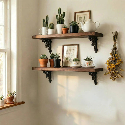 Built Like A Tank 4 Pack Solid Cast Iron Shelf Brackets 4x4 Inch supporting vintage floating shelves with plants and decor