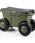 Rolling Garden Cart With Seat For Planting And Weeding Plastic Storage Bench And Interior Tool Tray Easy Roll Mobility Durable Gardening Stool For Home Gardens Green, side view.