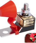 Heavy Duty 300A 58V DC Terminal Fuse Block for Battery Systems showing 5/16 Inch Stud and 3/8 Inch Mounting Hole, ideal for vehicles.