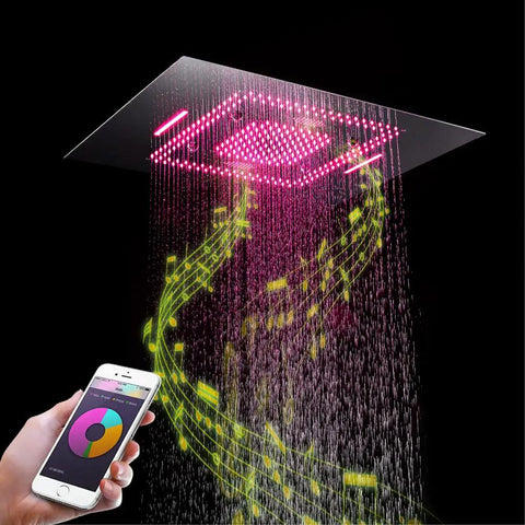 Premium Thermostatic Shower System With LED Strip And Bass Boost Music, Badass Black 6-Way Rain Shower Combo with ceiling rain head.