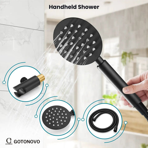 Rain Shower System With 10 Inch Round Showerhead And Handheld High Pressure Faucet Set in matte black with detailed view