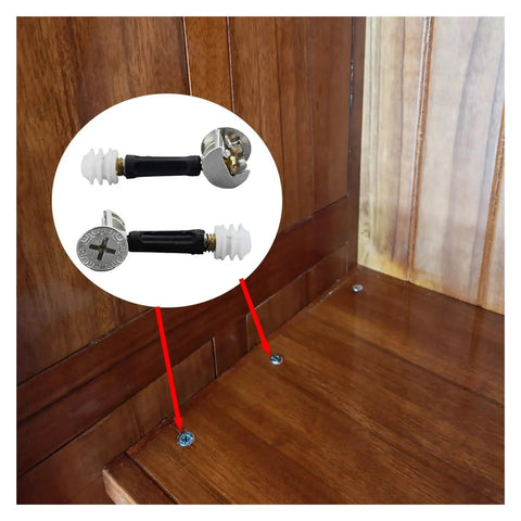 Cam Lock Connectors M6 Set for Flat Pack Furniture showing assembly on wood panels with cam, screw bolt, and cap.