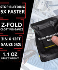 Kalin Hemostatic Gauze packet in black pouch; Z-fold 3in x 12ft clotting gauze.