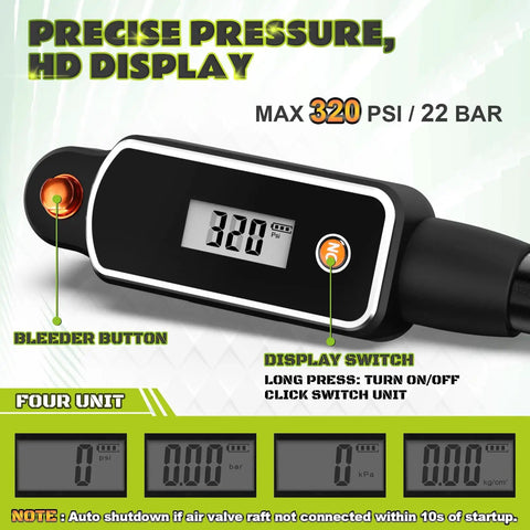 Bike Shock Pump With Digital Gauge, 320 PSI, Leak Proof Presta Valve, HD display with bleeder button and display switch visible
