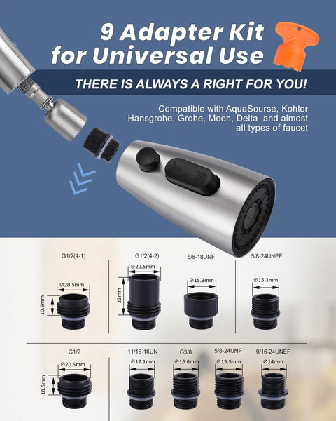 Built Tough Stainless Steel Kitchen Faucet Head Replacement adapters kit showcasing 9 compatible sizes for easy installation.